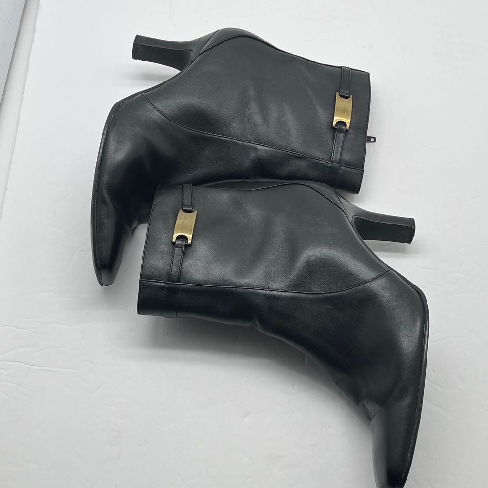 Leather Heeled Boots Teddy Square Toes Women’s 7.5 Black Gold Accent Modern Moto